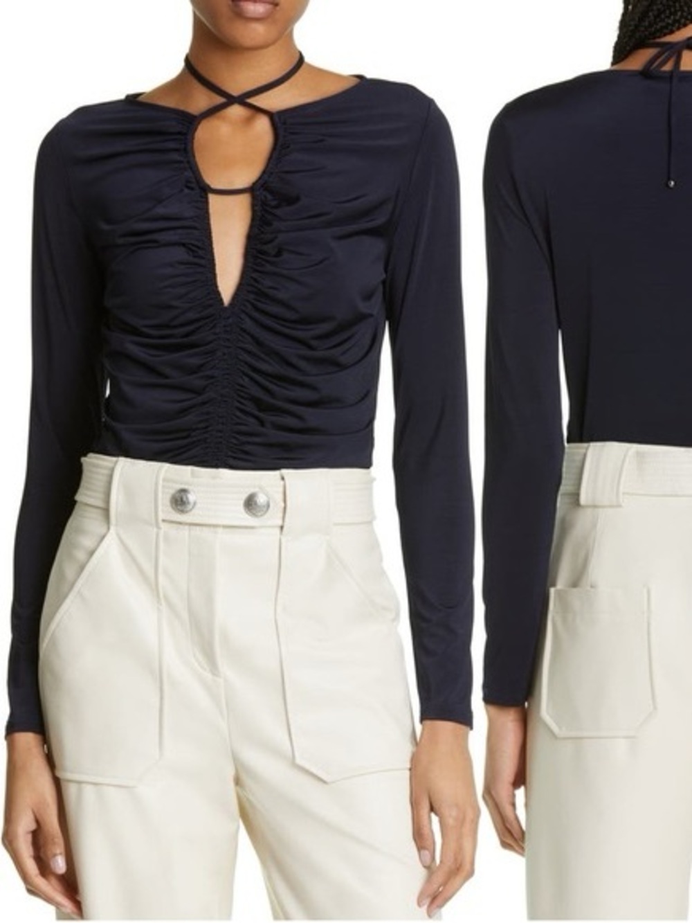 Veronica Beard Navy Ruched Tie-Front Long Sleeve Top with Keyhole